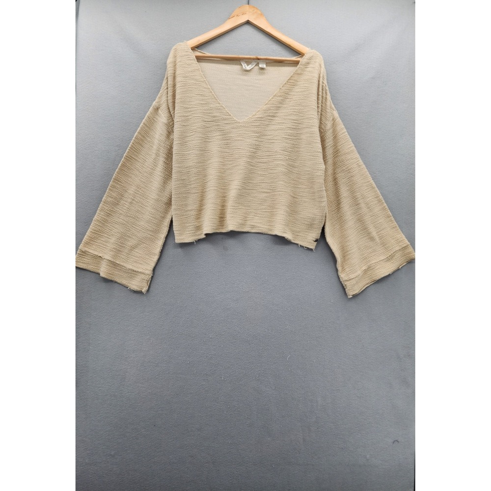Roxy‎ Womens XL Beige Textured Knit V-Neck Cropped Sweater Wide Bell Sleeve Boho